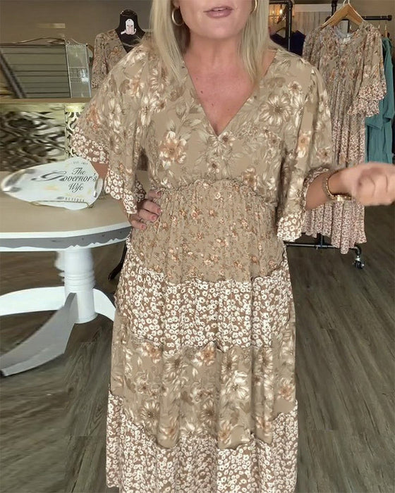 V-Neck Lotus Sleeve Floral Dress