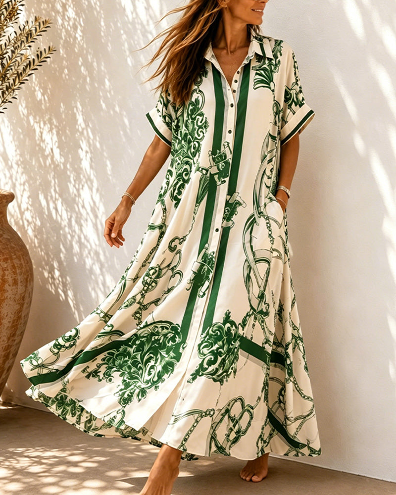 Vintage Scrollwork Lapel Shirt Dress