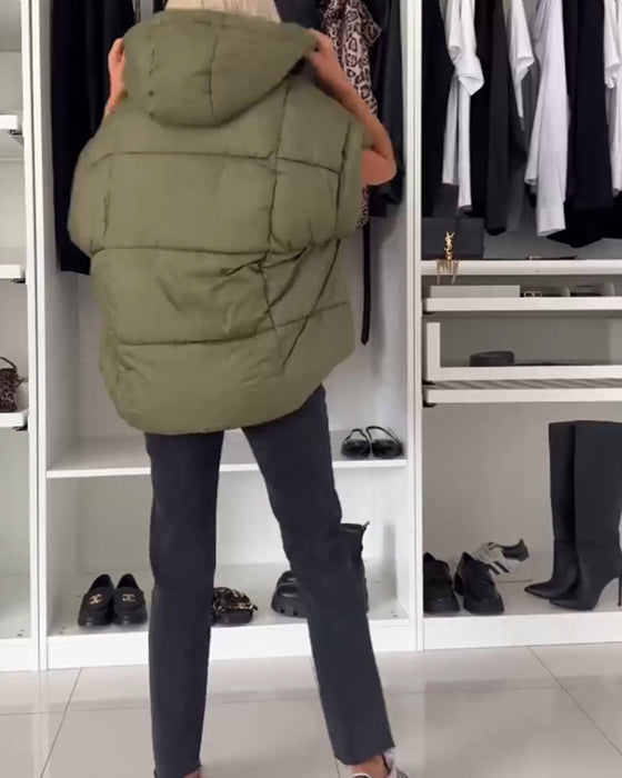 Hooded solid color zipper short sleeve padded jackets