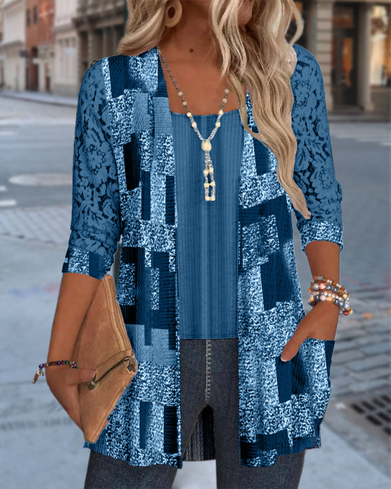 Faux Two-Piece Printed Long-Sleeved Blouse