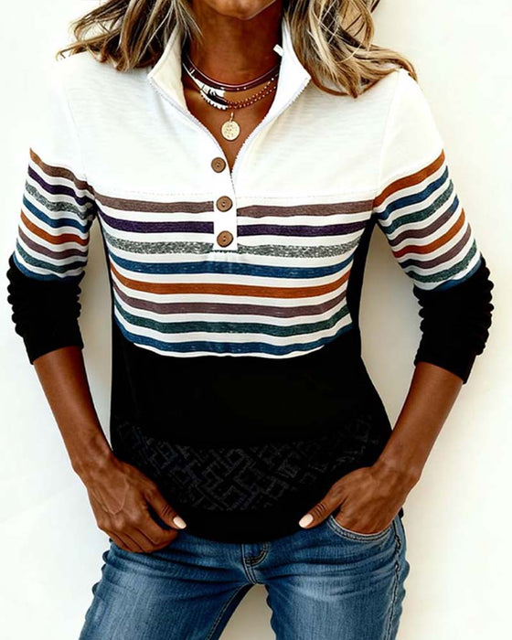 Striped Color-Blocked Stand-Up Collar Sweatshirt