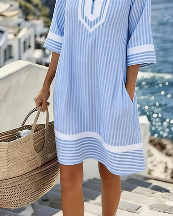 V-Neck Short Sleeve Striped Dress