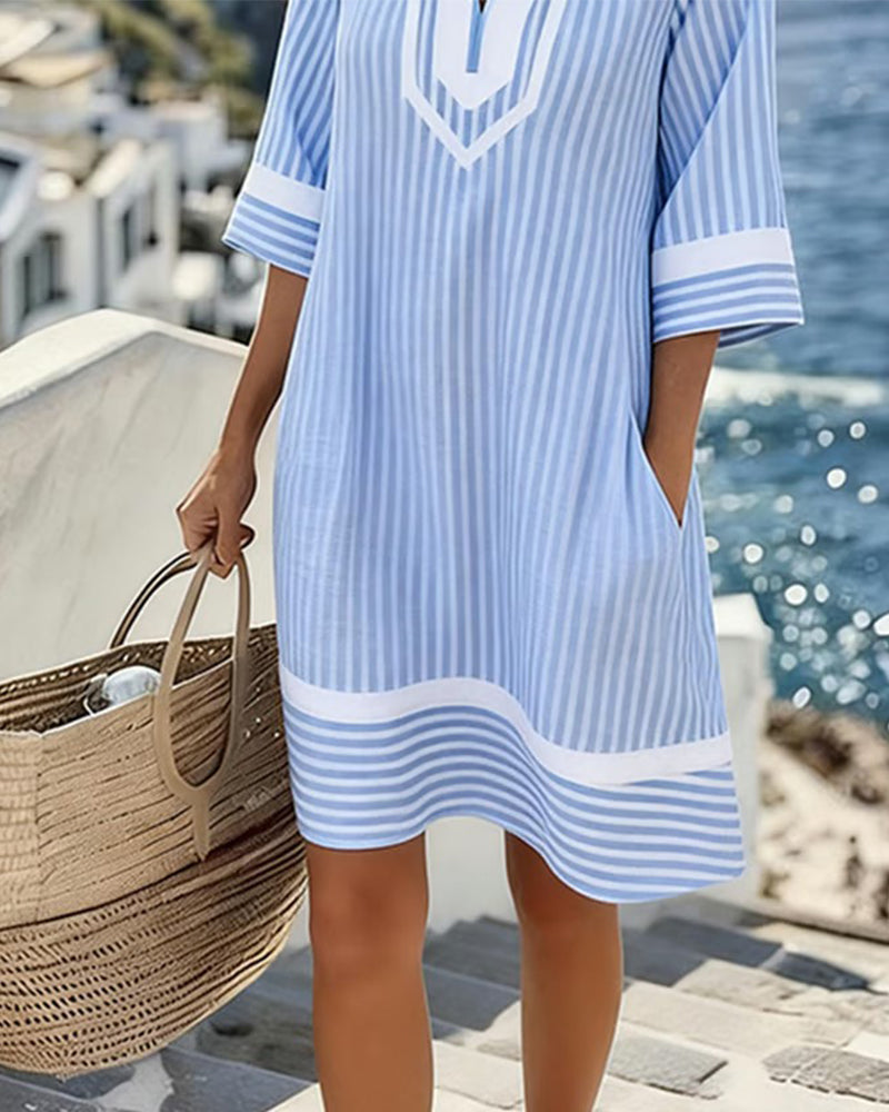 V-Neck Short Sleeve Striped Dress