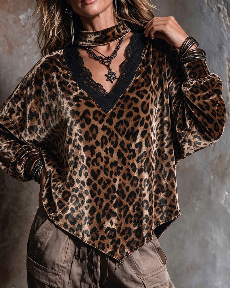 V-Neck Leopard Irregular Blouse