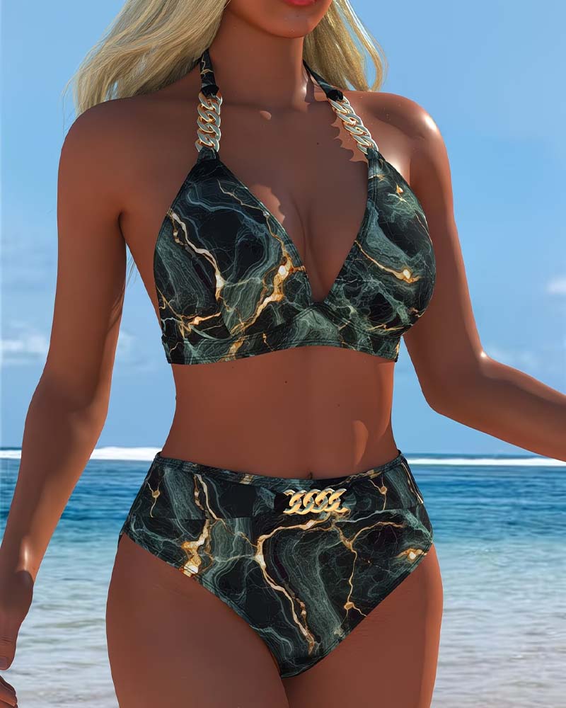 High Waist Chain Bra Printed Bikini