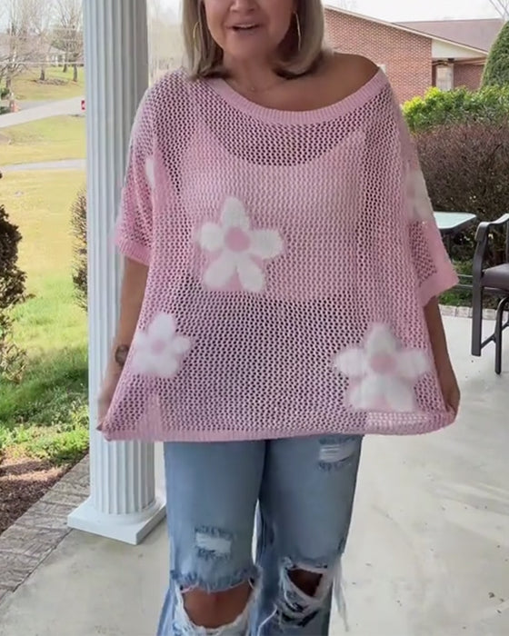 Round Neck Large Flower Hollow Sweater