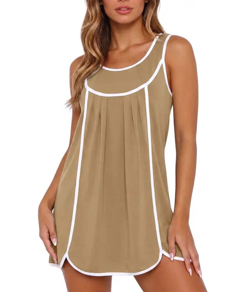 White-Trimmed Color-Blocked Sleeveless Dress