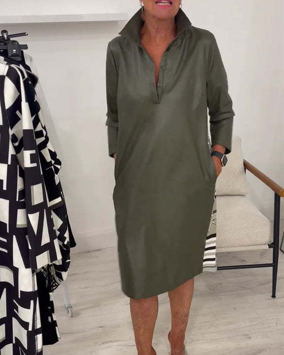 Lapel Solid Long Sleeve Dress