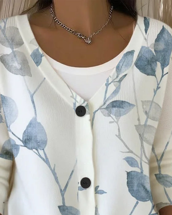 V-Neck Button Leaf Print Pullover