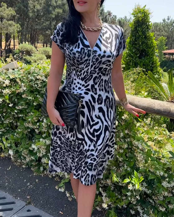 V-Neck Zip-Up Leopard Print Dress