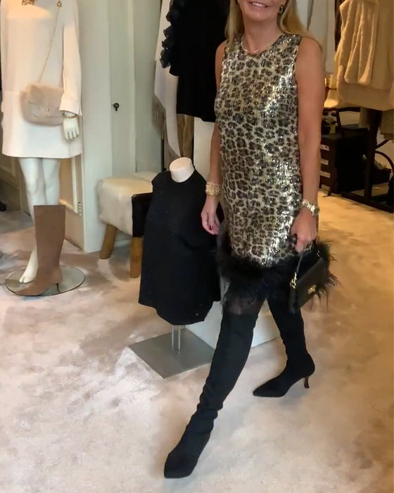 Sleeveless Leopard Print Ostrich Feather Fashion Dress