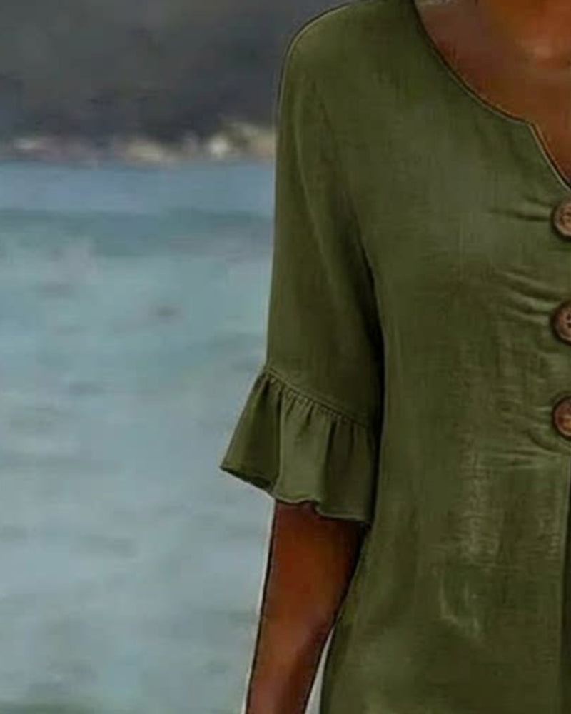 Button Ruffle Sleeve 100% Cotton Dress