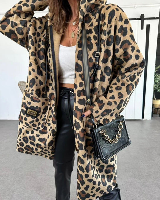 Casual leopard print pocket hooded coat