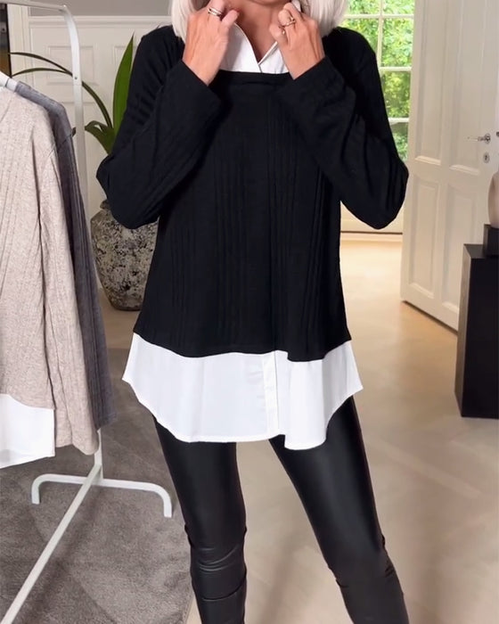 Casual lapel patchwork long sleeve fake two-piece top