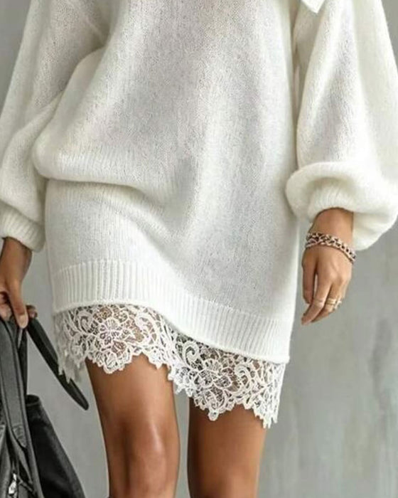 Slant Neck Lantern Sleeve Patchwork Lace Sweater Dress