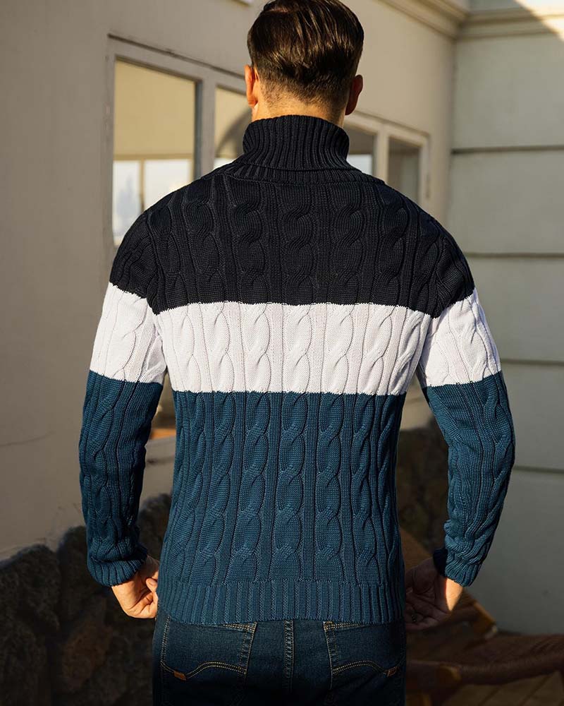 High Neck Button Contrast Men's Pullover
