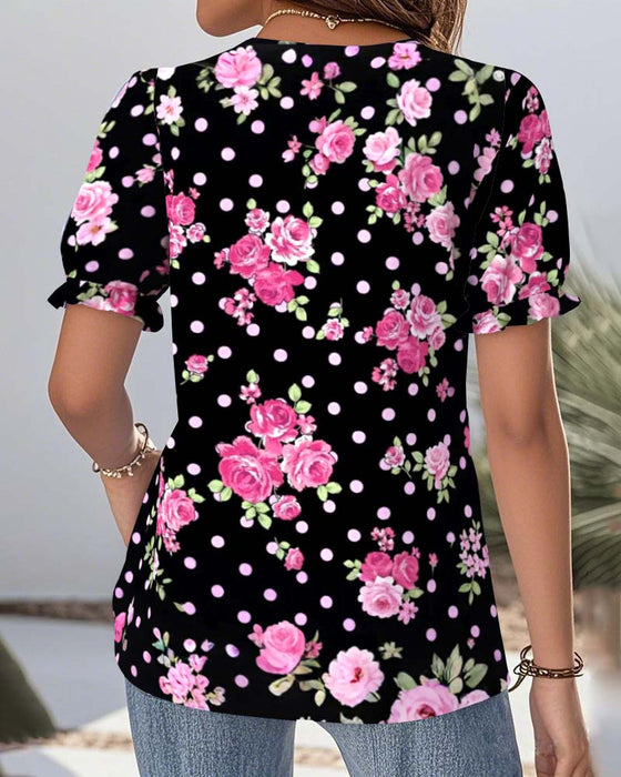 V-Neck Lace Lantern Sleeve Printed Blouse