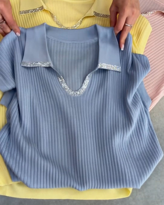 Lapel Solid Short Sleeve Pullover