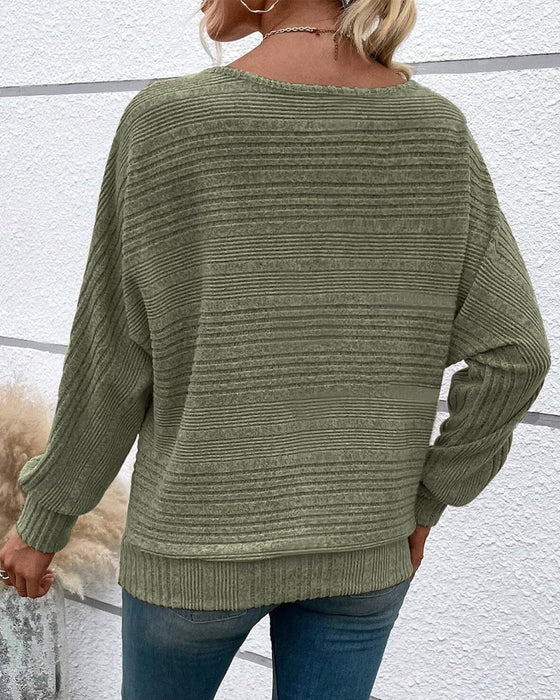 Solid Color Round Neck Long Sleeve Striped Top