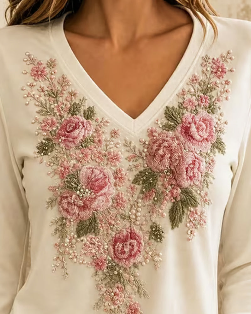 Long Sleeve V-Neck Floral T-Shirt
