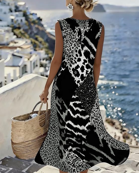 Patchwork Leopard Print Sleeveless Long Dress