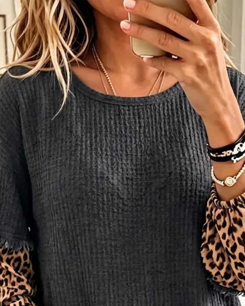 Round Neck Leopard Print Patchwork Tassel Top