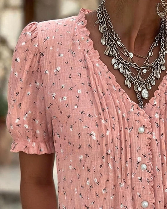 Puff Sleeve Floral Print Short-Sleeve Blouse