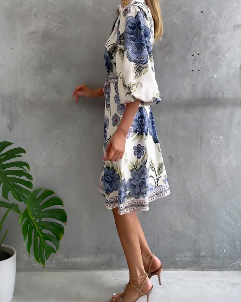 French Lantern Sleeve Notched Collar Printed Dress