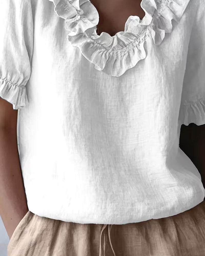 Ruffle Trim V-Neck Short Sleeve Blouse