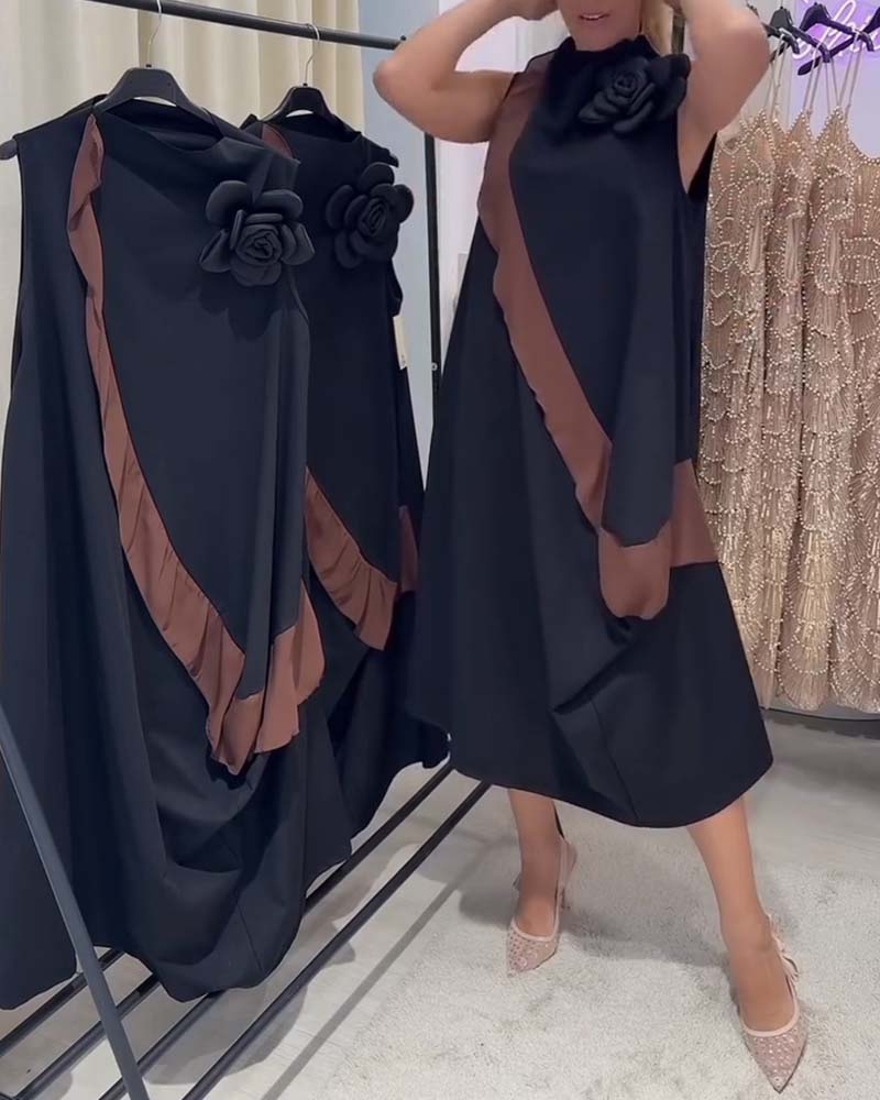 3D Petal Flounce Color-Blocking Sleeveless Dress