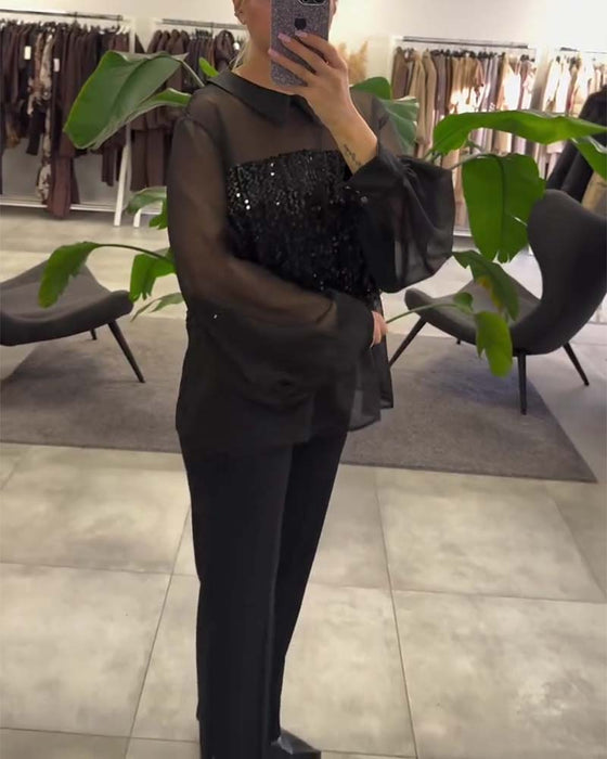 Solid Color Puff Sleeve Collar Blouse