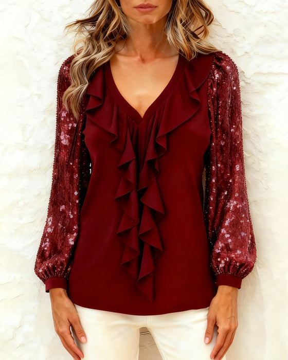 Ruffled V-Neck Sequined Long-Sleeved Top
