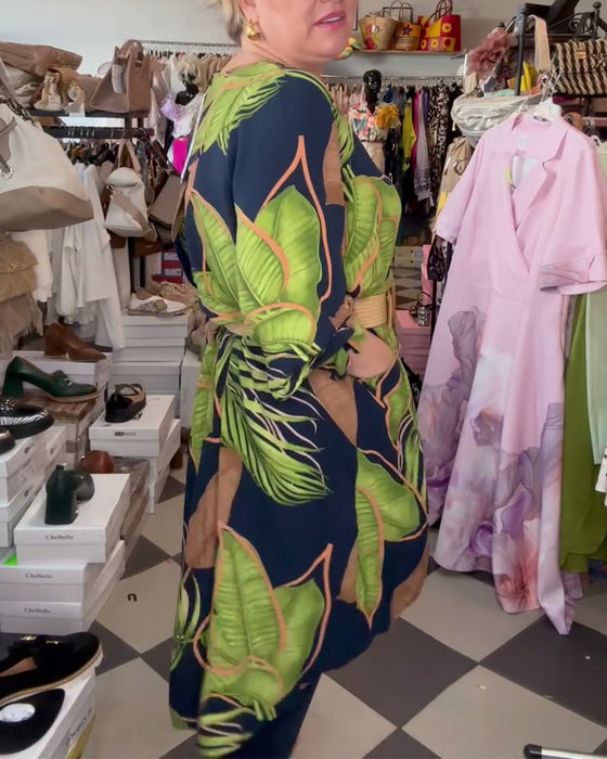 V-Neck Leaf Print Loose Dress