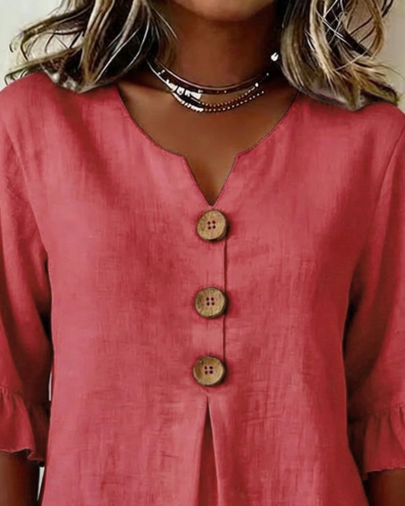Solid-Color Cotton-Linen Wooden Buttons Ruffles Blouses