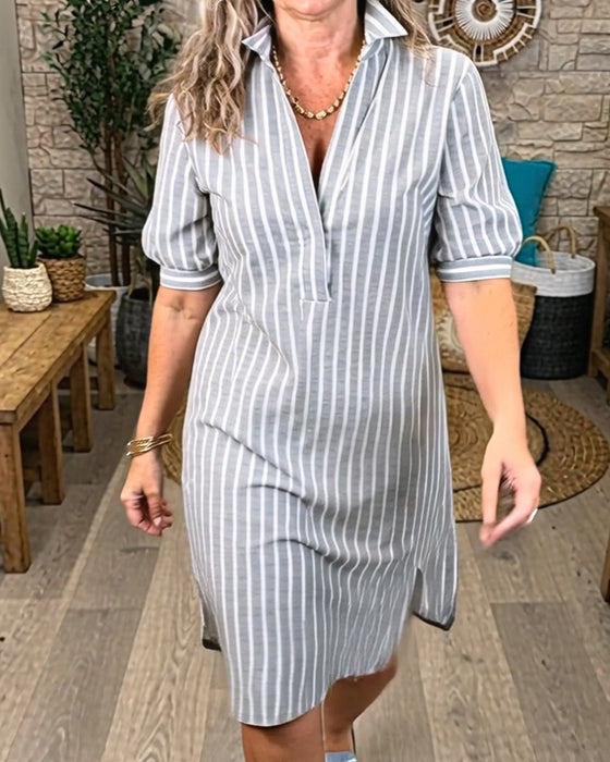 Lapel Stripe Slit Dress