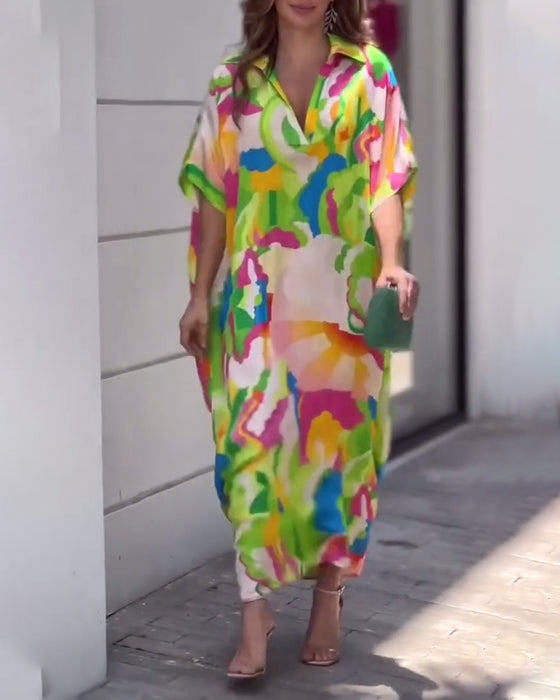 Printed lapel half sleeve casual dress