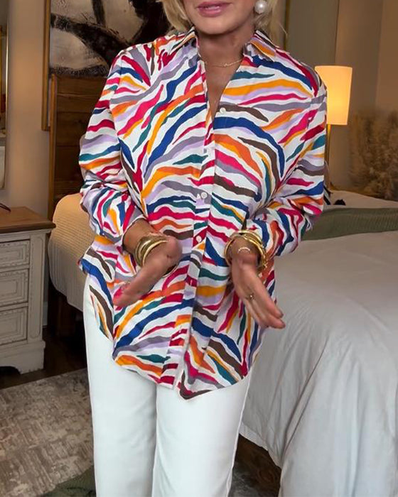 Lapel Long-Sleeved Colorful Floral Shirt
