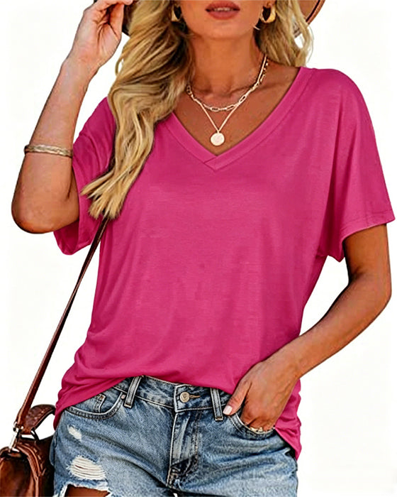 Pleated Solid Color V-Neck T-Shirt