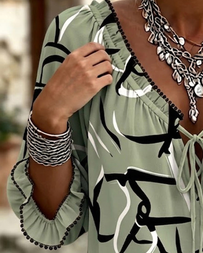 Abstract Print V-Neck Lace-Up Blouse