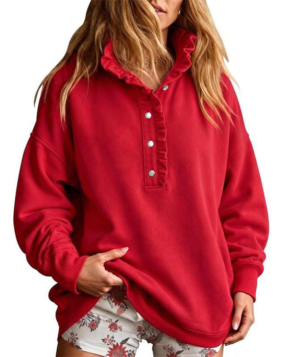 Ruffled Buttoned Long-Sleeved Loose Sweatshirt