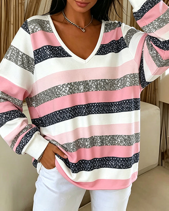 V-Neck Color-Block Stripe Casual Sweatshirt