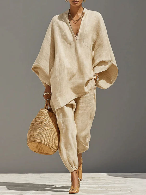 V-Neck Relaxed Sleeve Casual Set