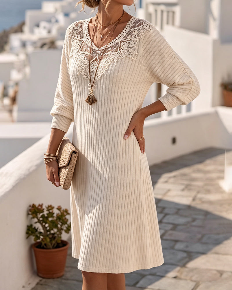 Ribbed Round Neck Lace Patchwork Dress