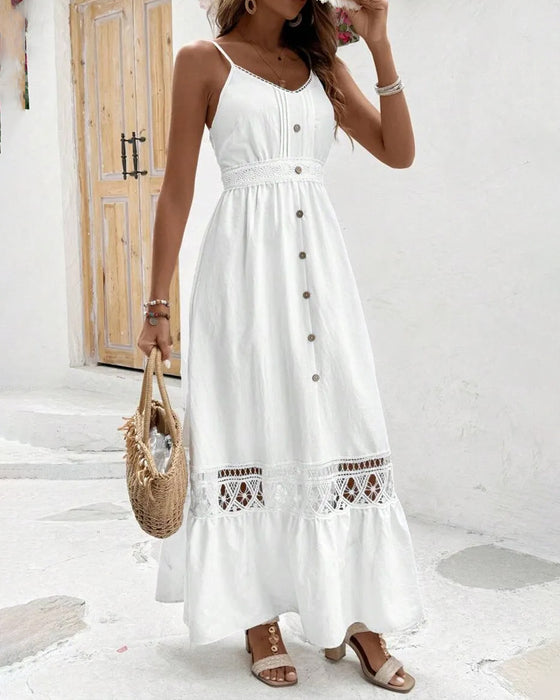 Spaghetti Strap Button Cutout V-Neck Dress