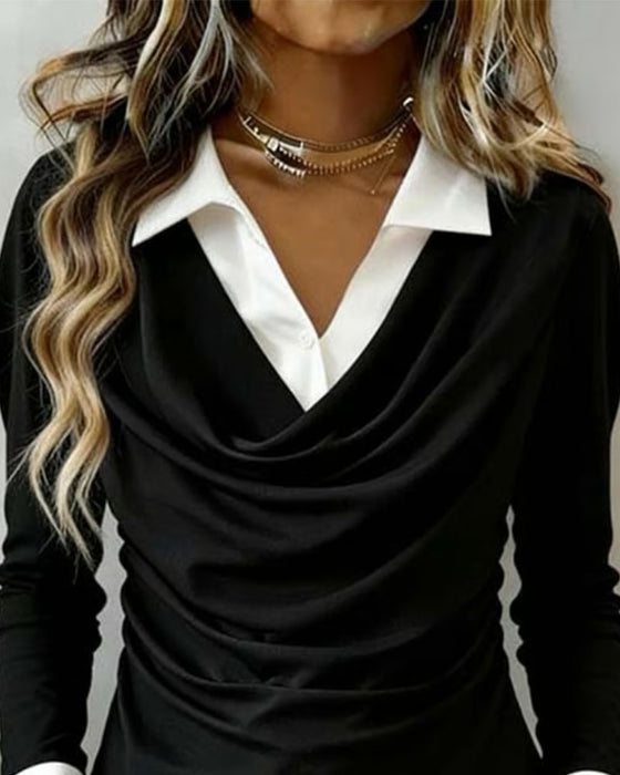 Mock Two-Piece Drape Neck Long Sleeve Top