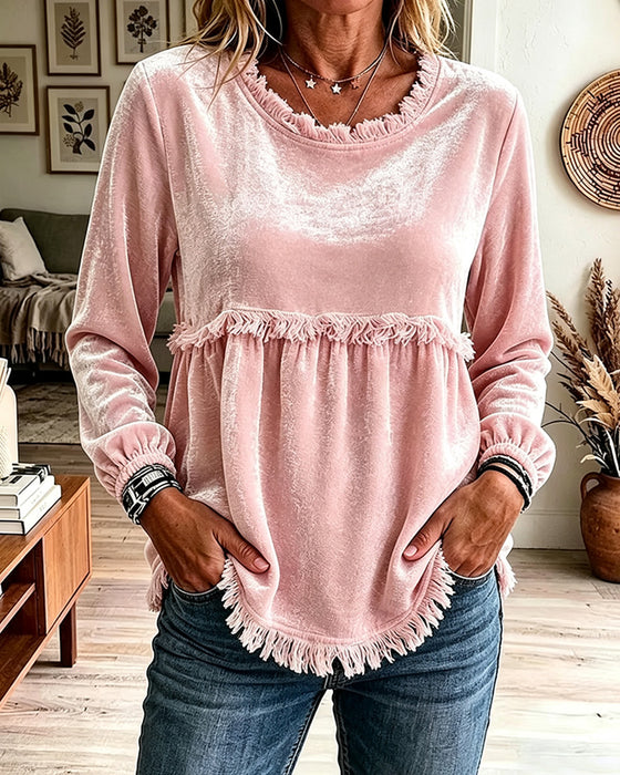 Fringe Smocked Panel Long Sleeve Blouse