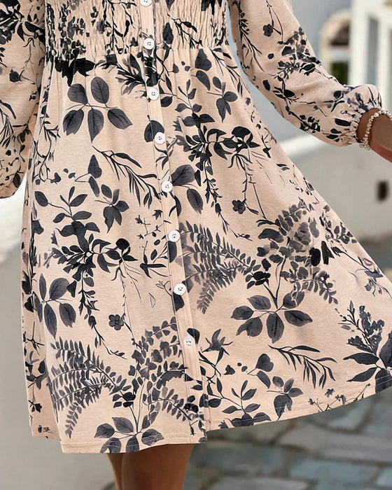 Ink Wash Leaf Waist-Cinching Short Dress