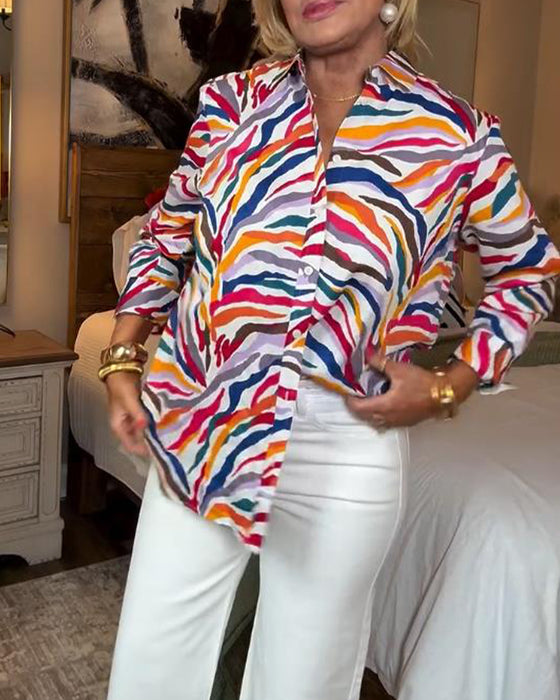 Lapel Long-Sleeved Colorful Floral Shirt
