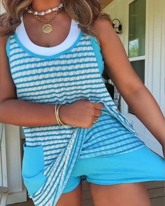 Strappy U-Neck Pocket Color Block Dress