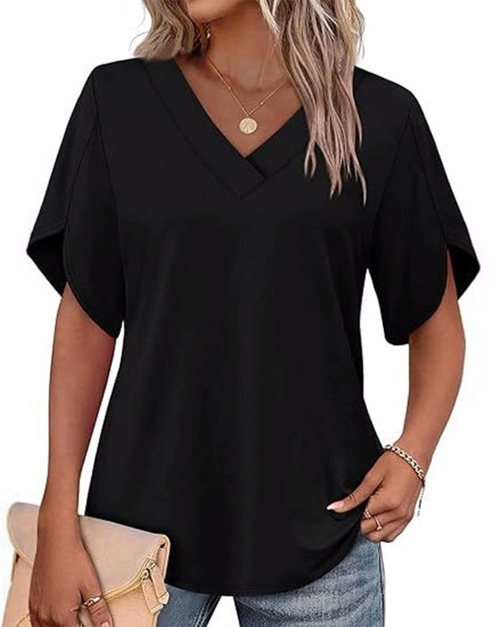 V-Neck Small Slit Short Sleeve Solid T-Shirt